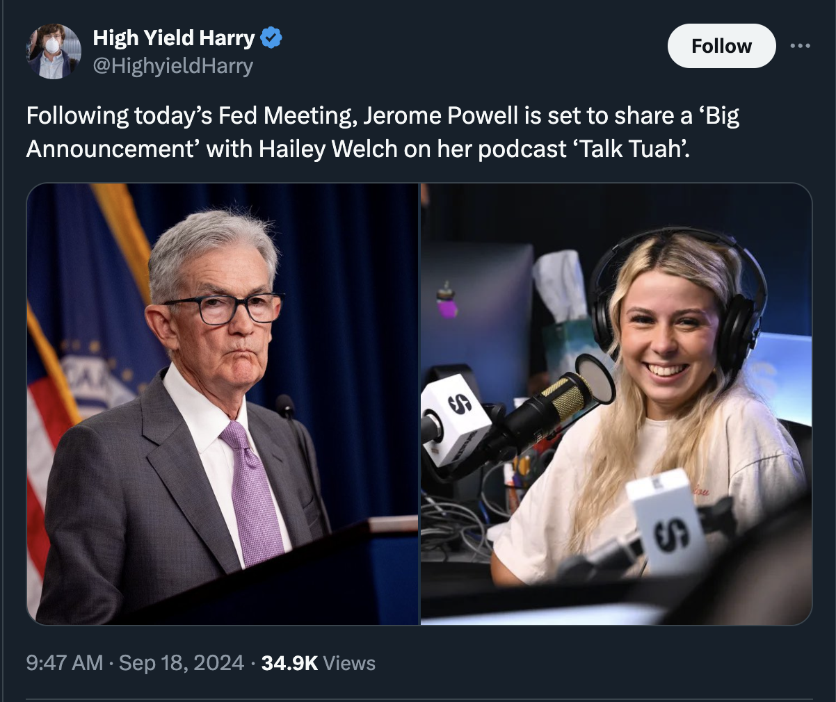 hawk tuah girl mets first pitch - High Yield Harry ing today's Fed Meeting, Jerome Powell is set to a 'Big Announcement' with Hailey Welch on her podcast 'Talk Tuah'. S Views S